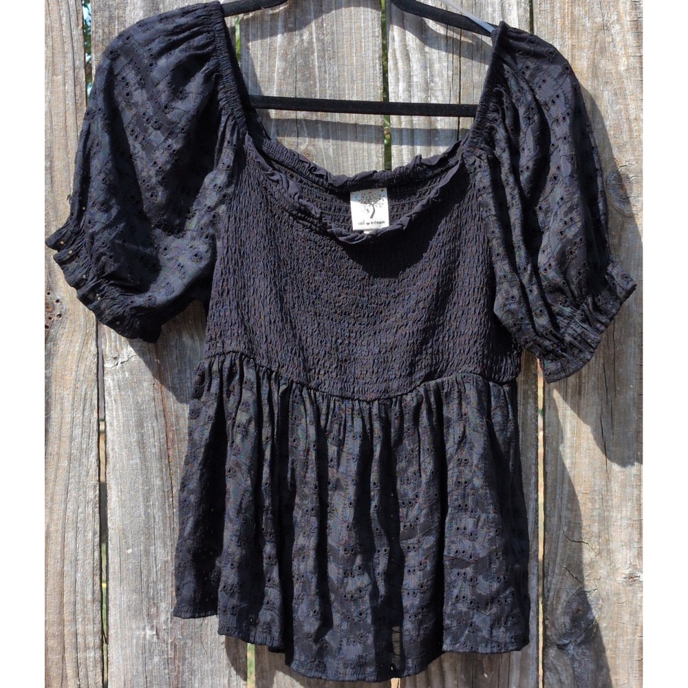 Self Esteem Black Smocked Eyelet Babydoll Top Puff Sleeve XL